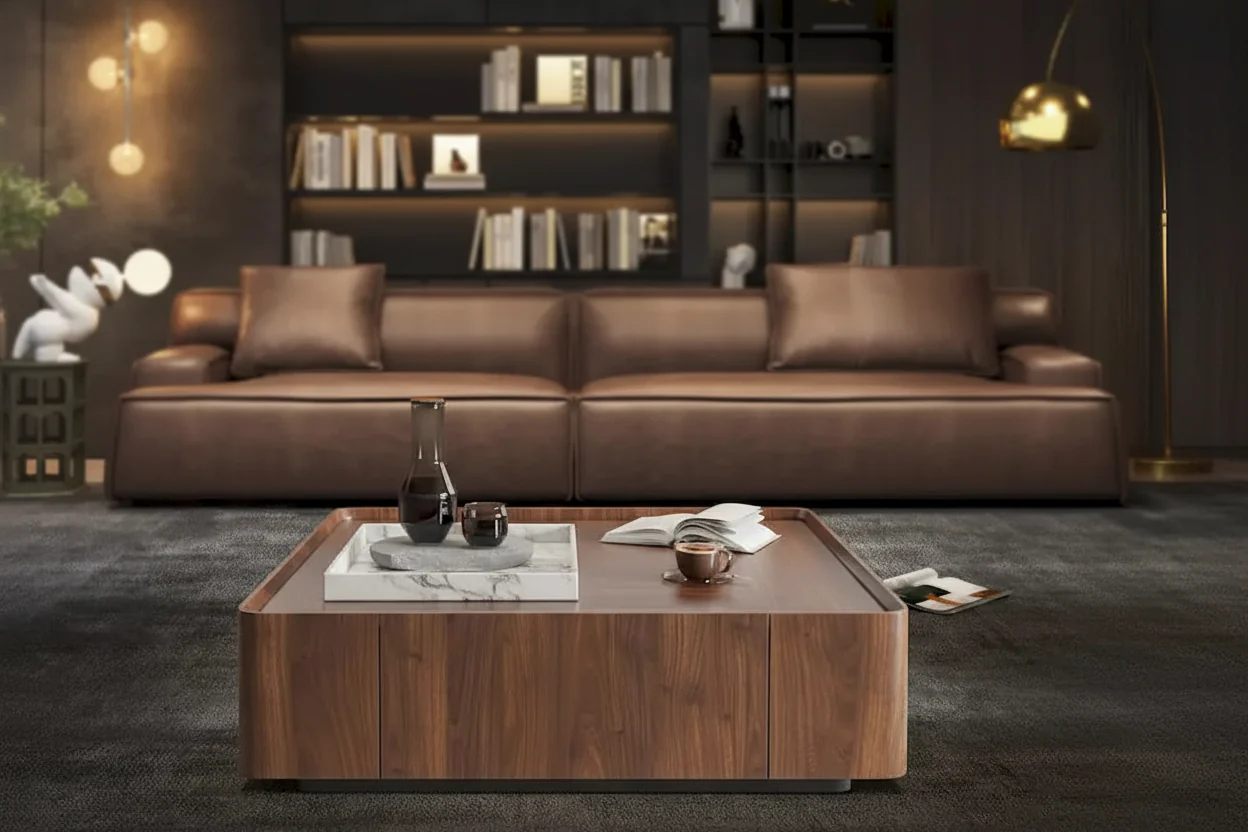 Mid-Century Modern Square Wood Coffee Table with Drawers