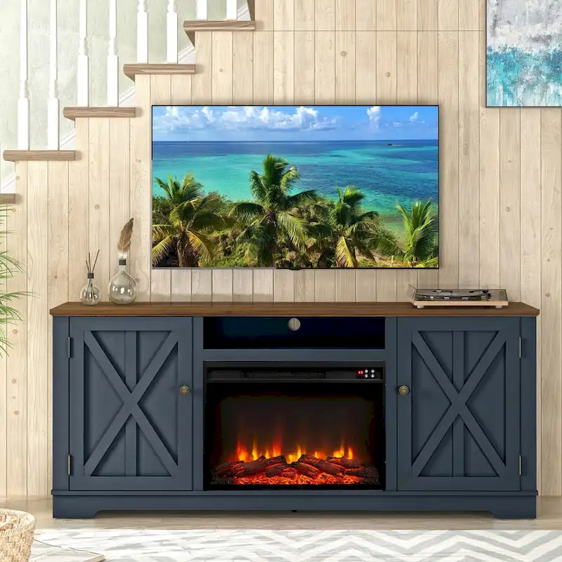Farmhouse TV Stand Console with Swing Doors & Cable Management – Grayish-White / Navy / Grey – Fits TVs up to 75