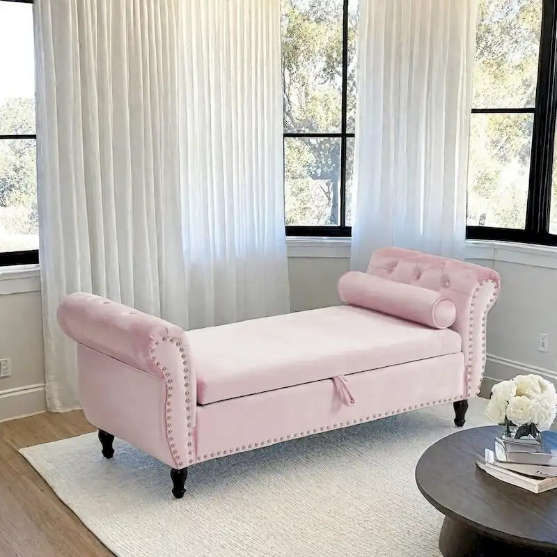 Traditional Velvet Multifunctional Storage Ottoman Bench with Pillow