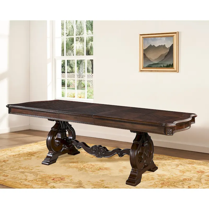 Traditional Hardwood Dining with Double Pedestal Table & Carved Chairs – Pecan, Seats up to 10