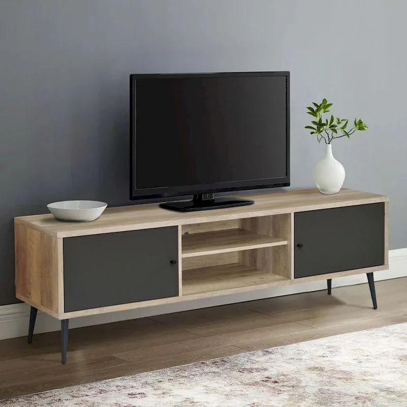 71 Inch TV Media Entertainment Center, 2 Open Compartments, Brown, Gray