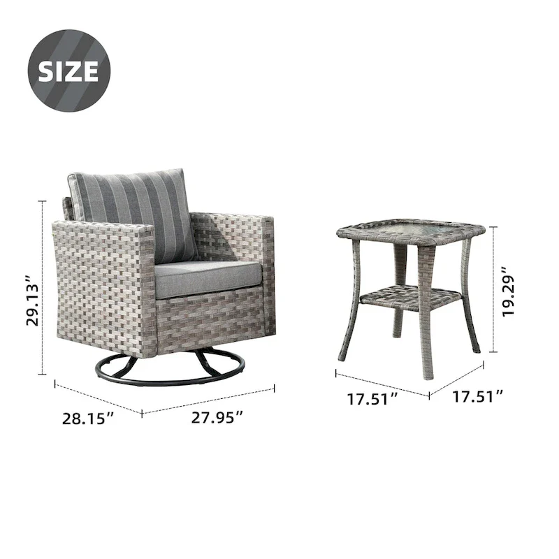 OVIOS Patio Wicker Swivel Rocking Chair 3-piece Set with Side Table