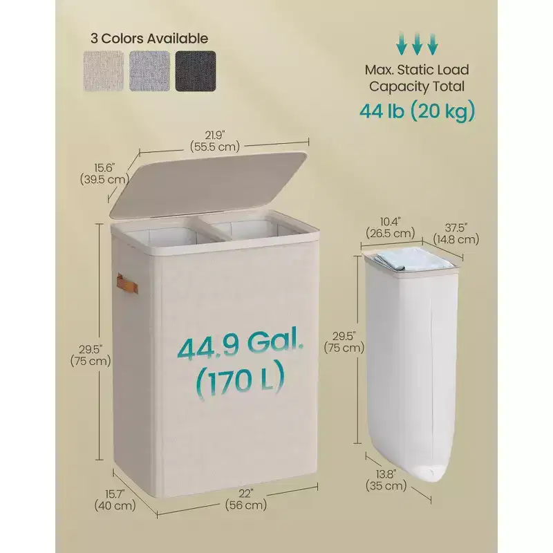 44.9 Gal Large Laundry Hamper with Lid, 2 Compartment Dirty Clothes Basket, Removable Inner Bags & Handles, 22x15.7x29.5 Inches