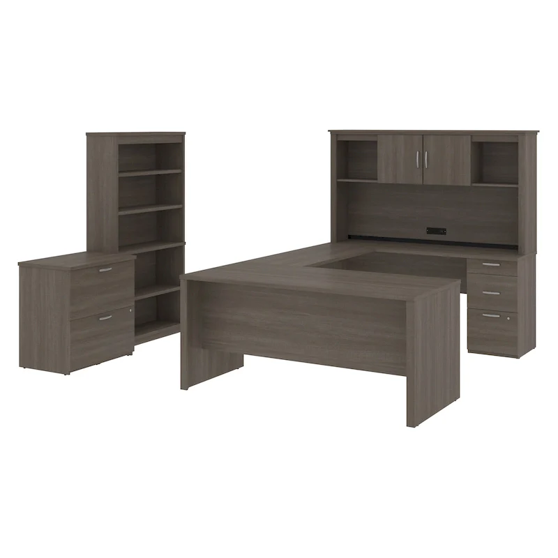 66W U-Shaped Office Desk with Hutch, Lateral File Cabinet & Bookcase