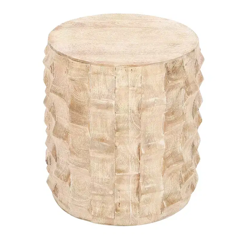The Urban Port 20" Side End Table Round Drum Shape with 3D Textured Design Distressed White Finish White