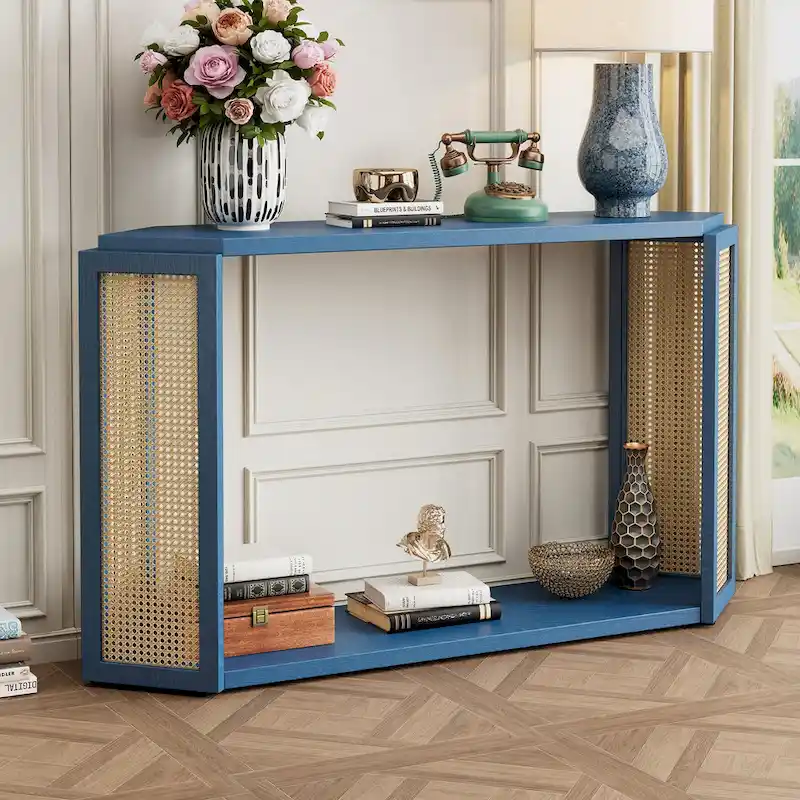 Narrow Console Table with Open Shelf,Antique Blue