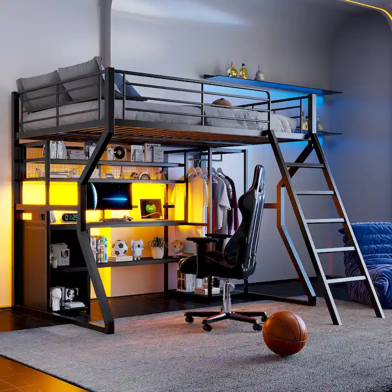 Black Full Size Metal Gaming Loft Bed with Desk, LED, Open Wardrobe & Storage | 350 lb