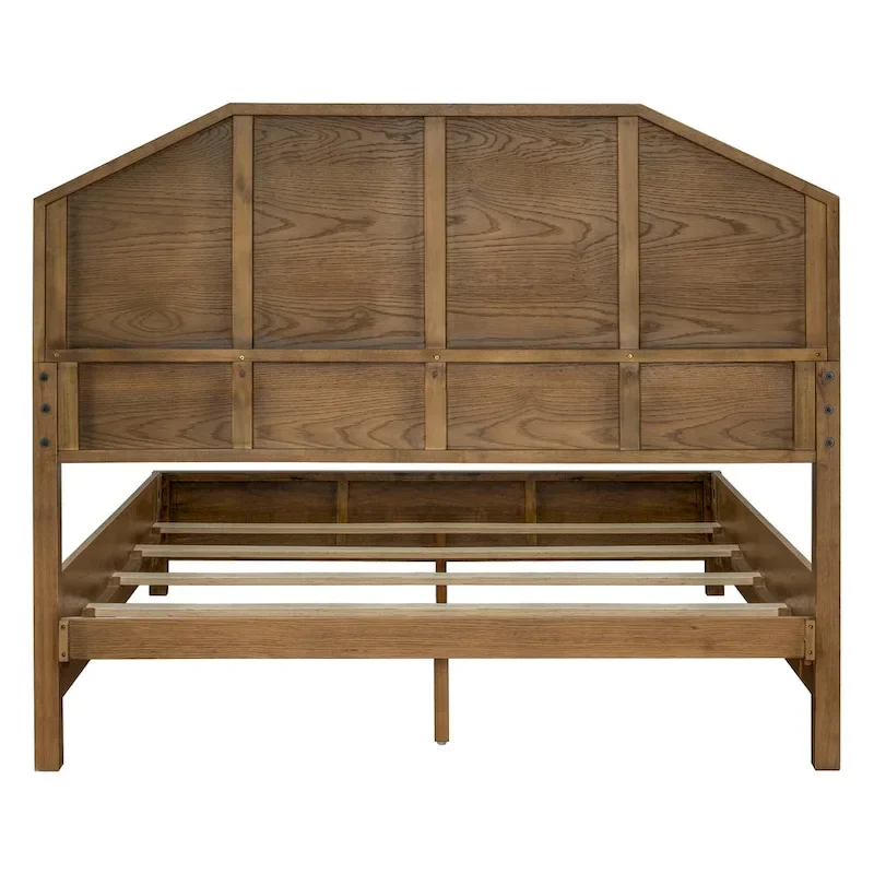 Brown Natural Walnut Queen Bed Frame with Fluted Curved Headboard – Modern Style, Sleeps 1–2