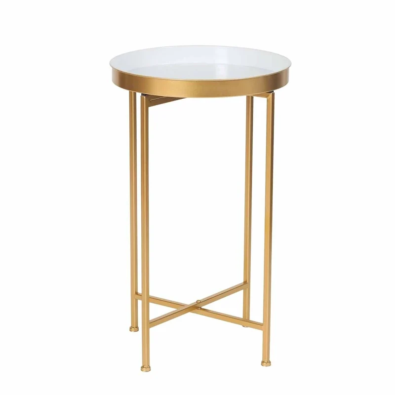 Adeco Round End Table Gold Metal Side Nightstand Accent Coffee Tables - 15(D)x 15(W)x 25.7(H)