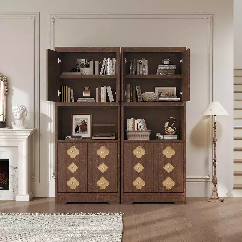 72 Tall Kitchen Pantry Cabinet - Freestanding Wooden Hutch Cupboard with Carved Door & Crystal Handle for Dining Living Room