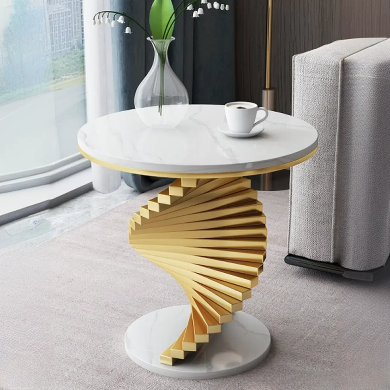 Modern Marble Round Spiral Base Sofa Side Table