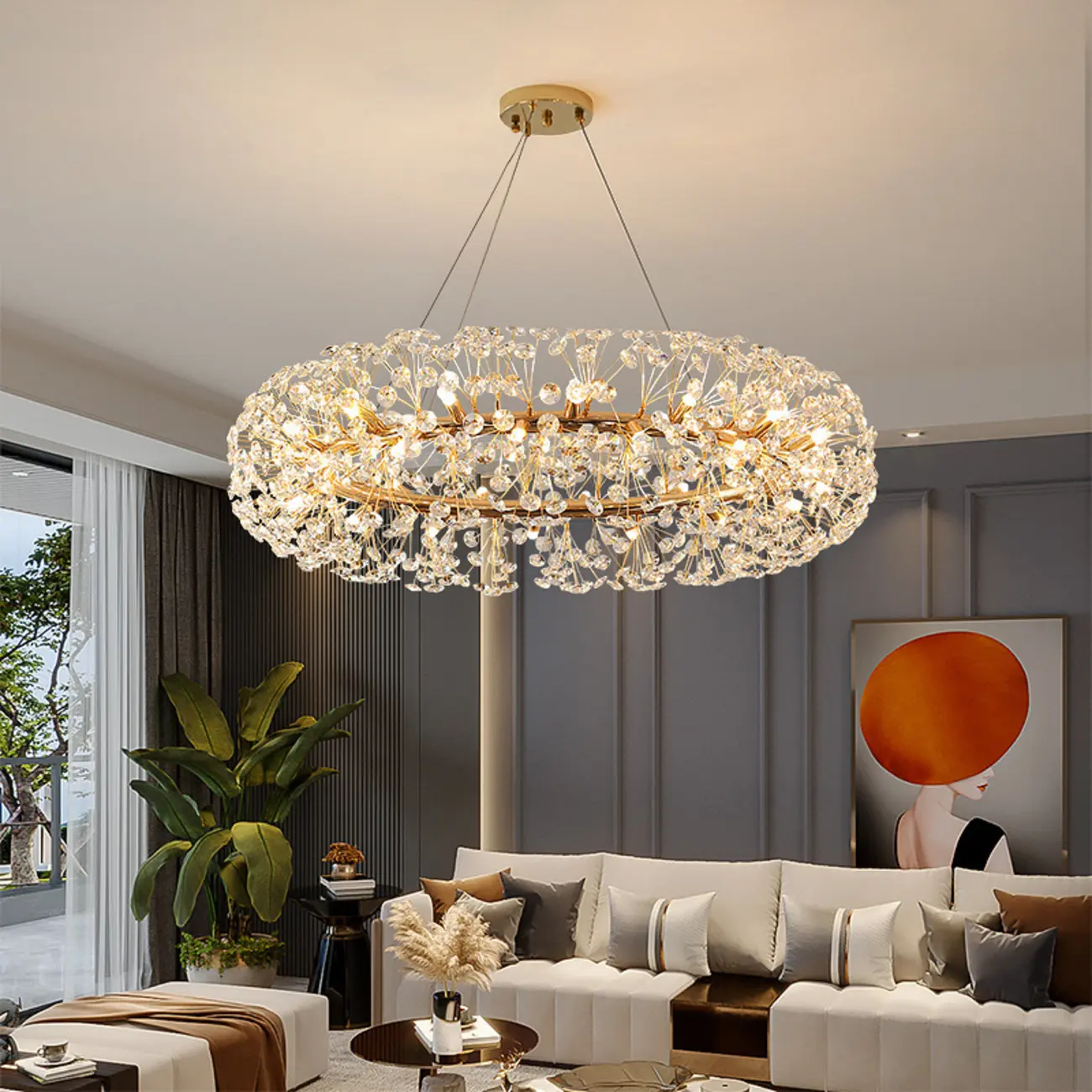 Adjustable Height Gold Crystal Globe Starburst Chandelier