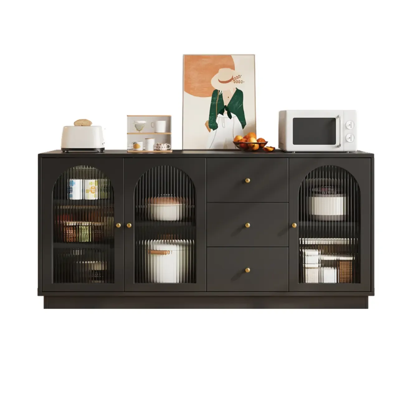 Elegant Adjustable Arched Glass Wood Buffet Cabinet with 3 Drawers