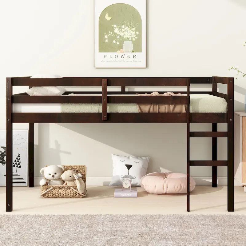 Twin Rubber Wood Loft Bed with Strengthened Slats