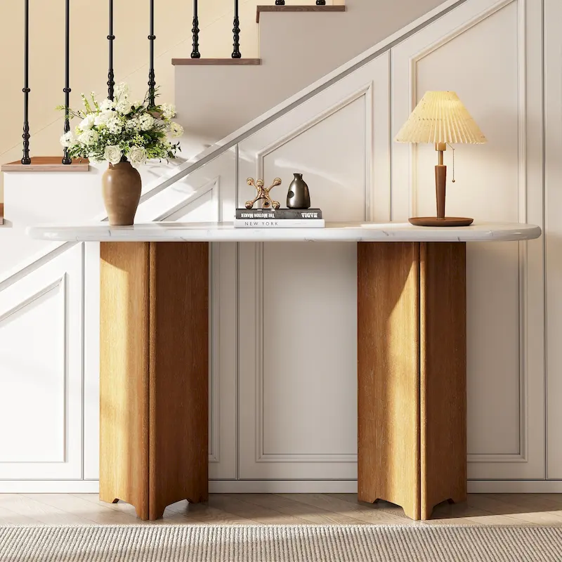 53.9  Console Table with Faux Marble Top & Wood Base