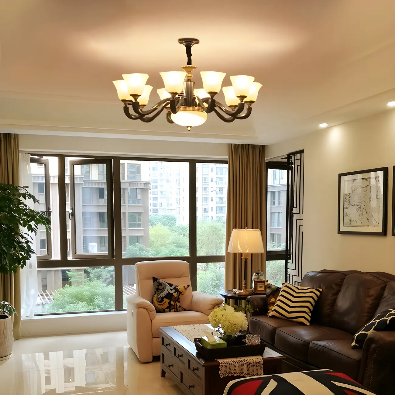 Black Glass Curved Metal Classic Chandelier Light