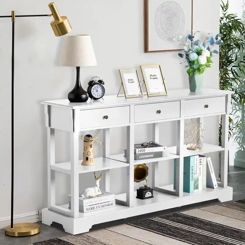 Light Sky Blue / Black / White Console Table with 3 Drawers & Shelf, 1-Person Use