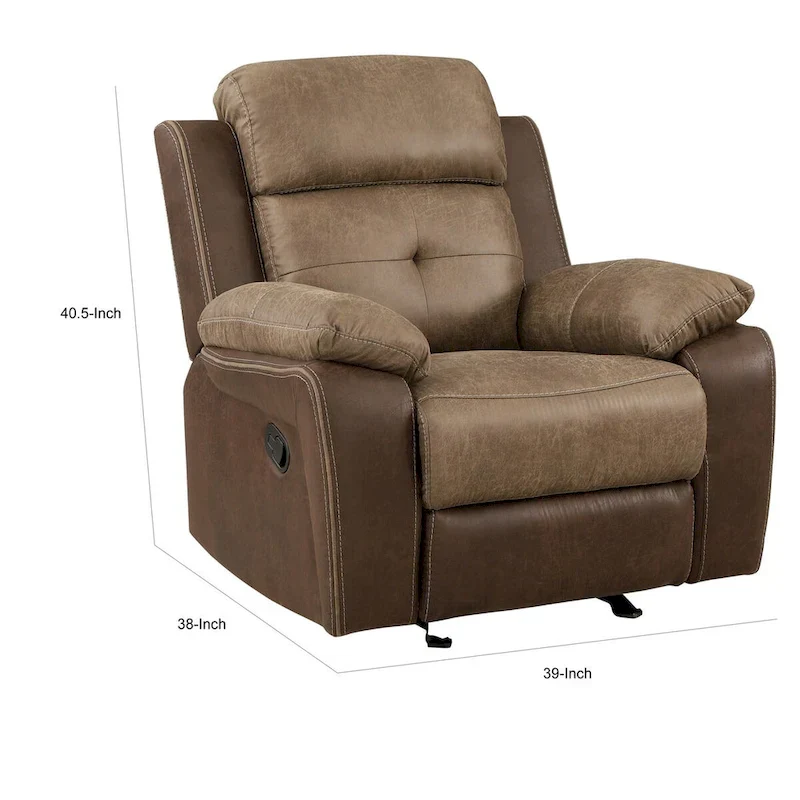 Emma 38 Inch Manual Glider Recliner Chair, Brown Microfiber, Solid Wood