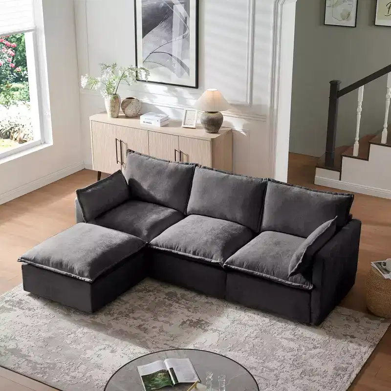 GDFStudio Sewell Modern L-Shaped Faux Linen 4-Seater Sofa with Movable Ottoman