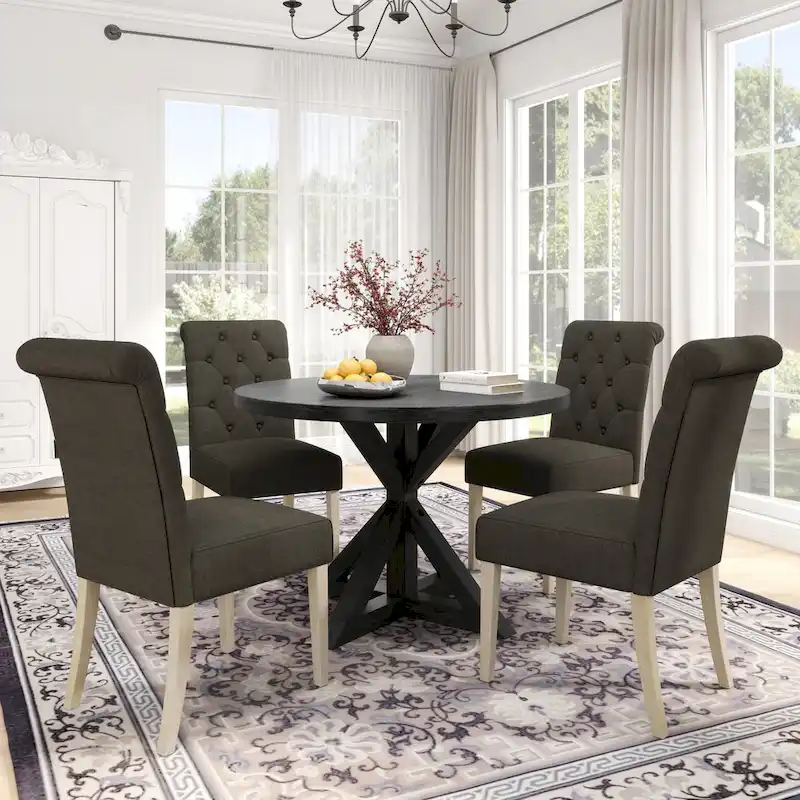Roundhill Furniture Banff 5-Piece Round Dining Set, Cross-Buck Round Table with 4 Tufted Chairs