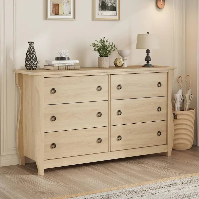 White 6-Drawer Dresser with Rattan Accents & Curved Legs
