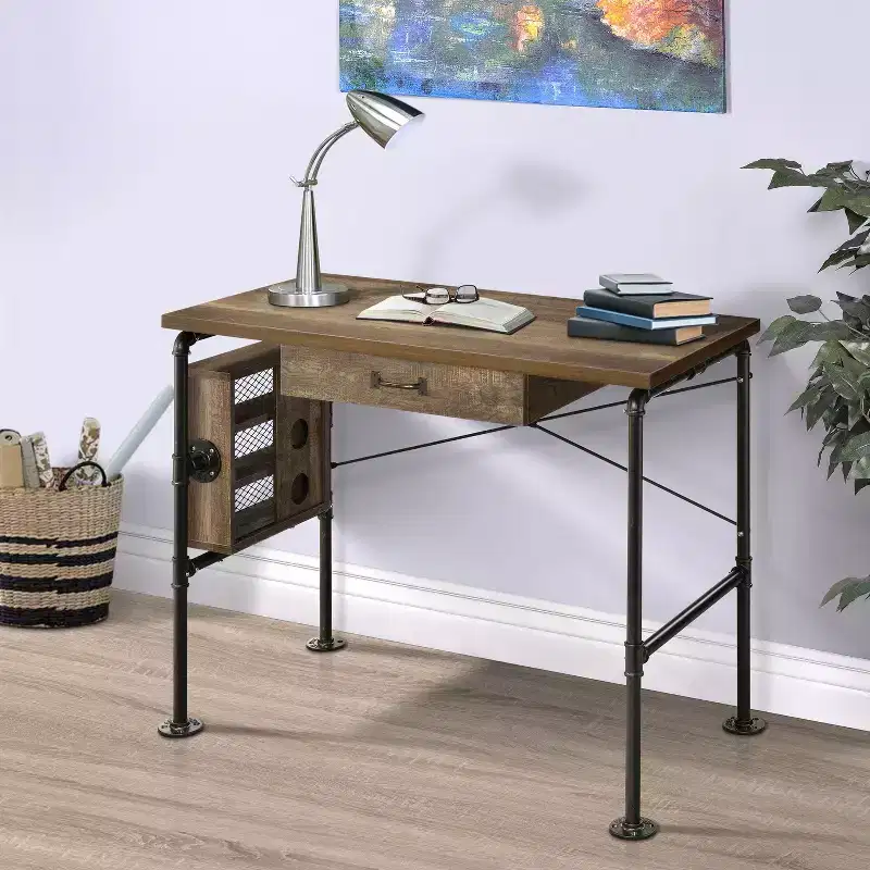 TUYOHW 39.5 Rectangular Writing Desk,Weathered Oak Study Desk with 3 Open Shelves,1 Drawer,Black Metal Leg,Modern Computer Desk for Study,Home Office