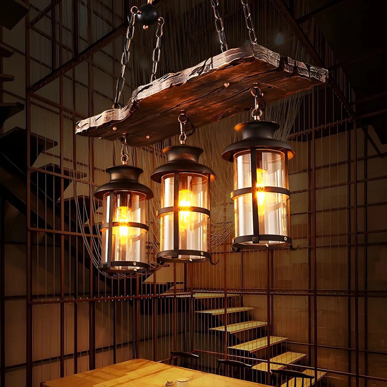 Rustic Industrial Large Wood Island Chandelier