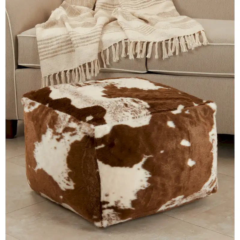 Faux Fur Pouf With Cow Hide Design