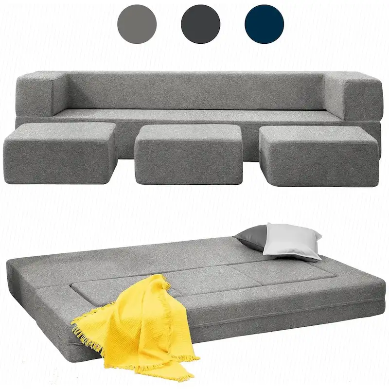 Queen Convertible Velvet Futon Sofa Bed with 3 Ottomans, Memory Foam, Foldable Mattress Floor Couch Sofa