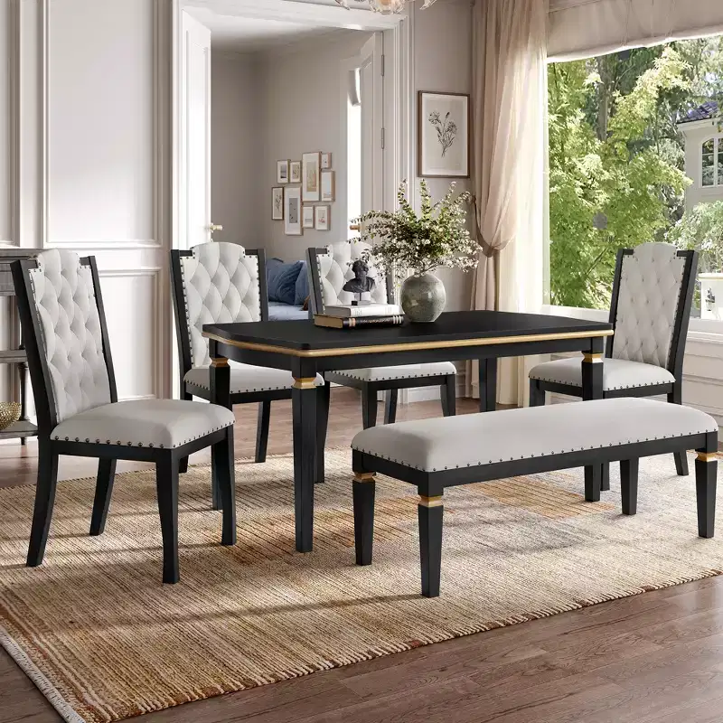 6-Piece Dining Table Set with 4 Chairs and Bench, 60-Inch Table, for Home Dining Room
