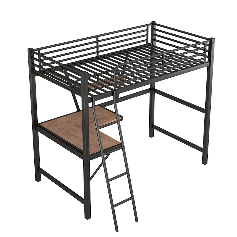 Twin Metal Loft Bed with Desk and Guardrail
