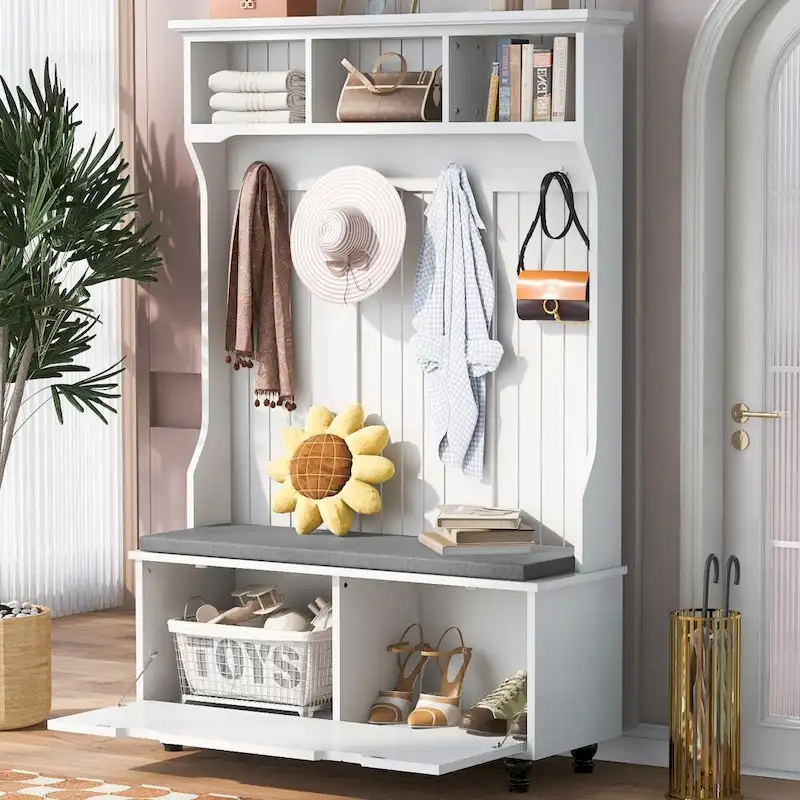 White/Black MDF Hall Tree with Cushioned Bench, 4 Hooks, 3 Cubbies & 2 Cabinets