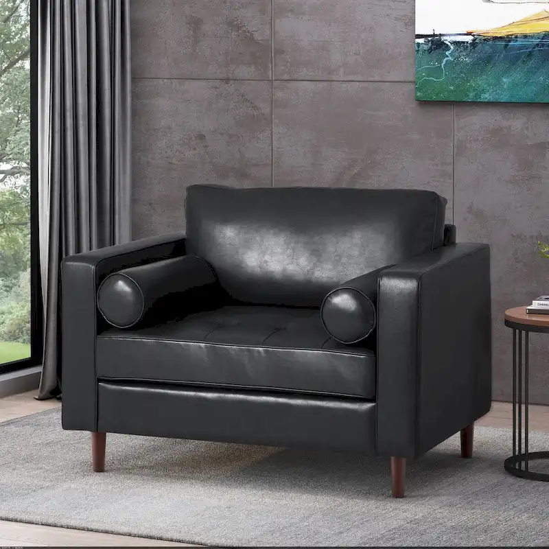 Club Chair, Faux Leather Upholstery, Birch Wood Legs, Espresso Finish, Black, 1-Person Use
