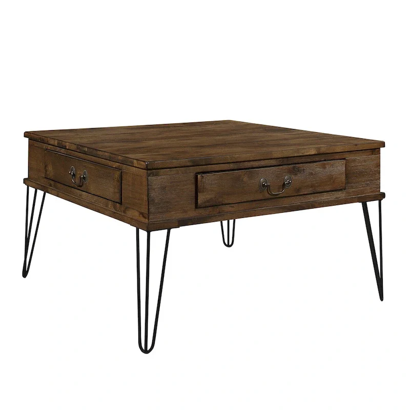 32 Inch Square Cocktail Coffee Table with 2 Drawers, Brown Wood Top, Black Metal Legs