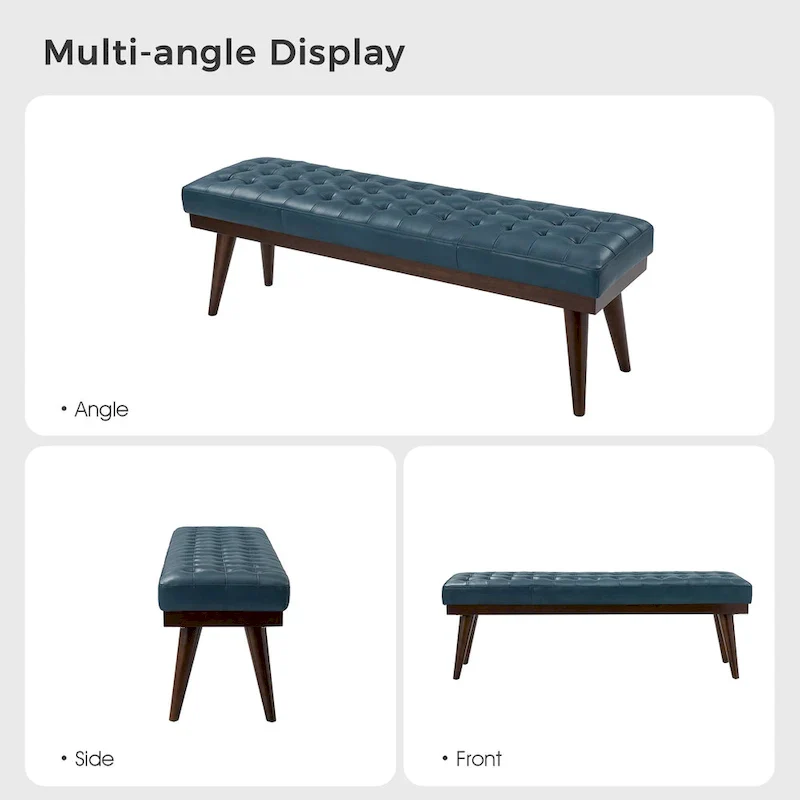 Genuine Leather Tufted Bench with Solid Wood Base