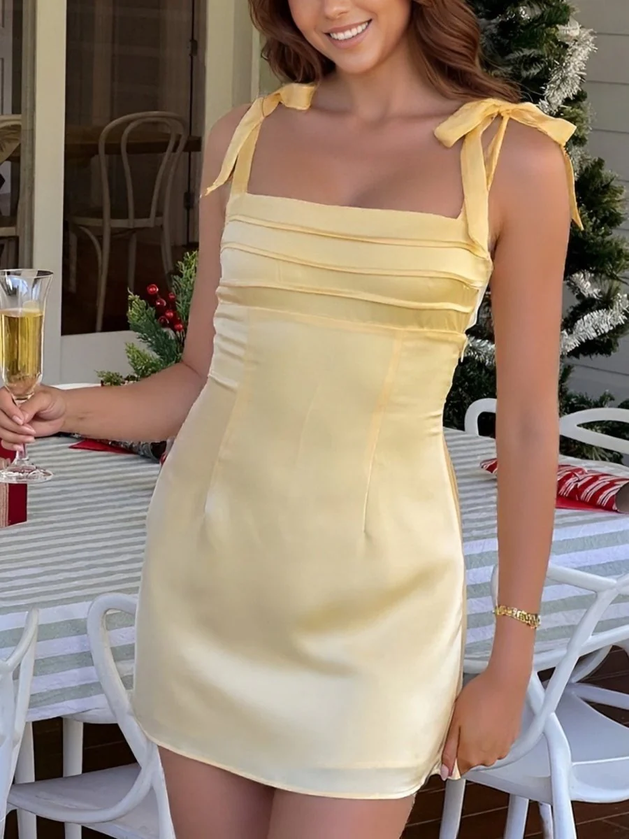 Yellow - Sheath Square Neck Satin Homecoming & Cocktail Dresses with Bow Straps