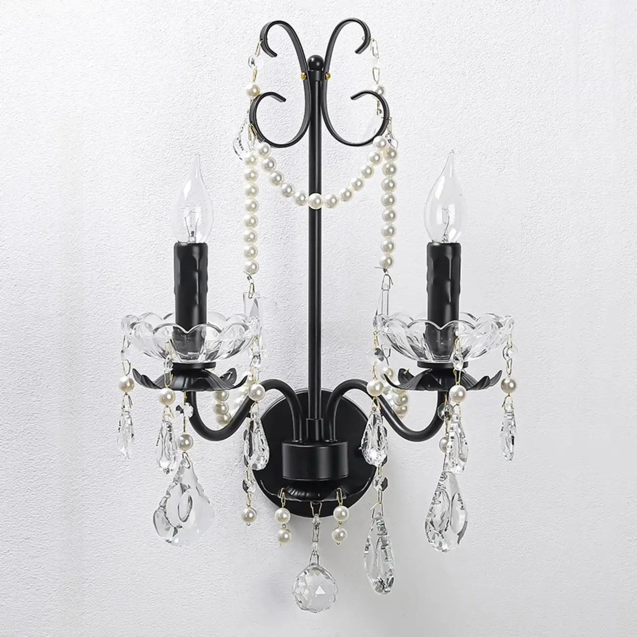Black Modern 2-Light Candelabra Wall Sconce with Crystal
