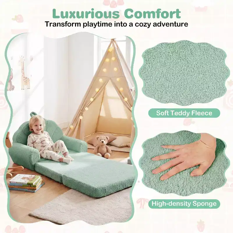 Costway Fold-out Kids Sofa 2-in-1 Convertible Toddler Couch & Lounger with Non-slip Base Beige/Green/Pink