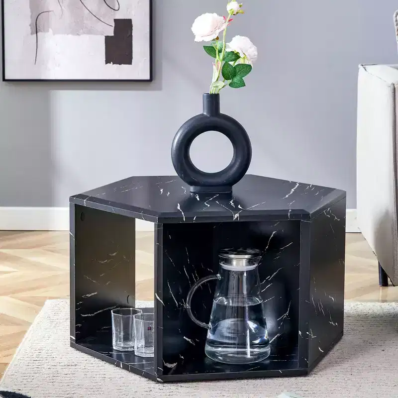Okak Modern Hexagon MDF Coffee Table, Stand-Up Multi-hole Design with Geometric Cubby Storage, End Side Tables for Living Room Office