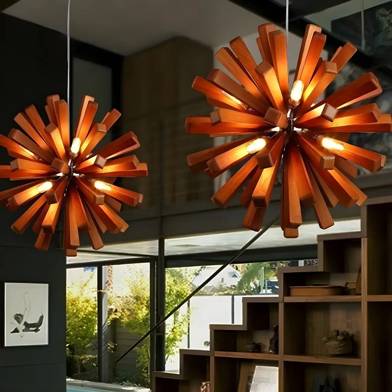 10-Light Modern Dark Wood Round Starburst Chandelier