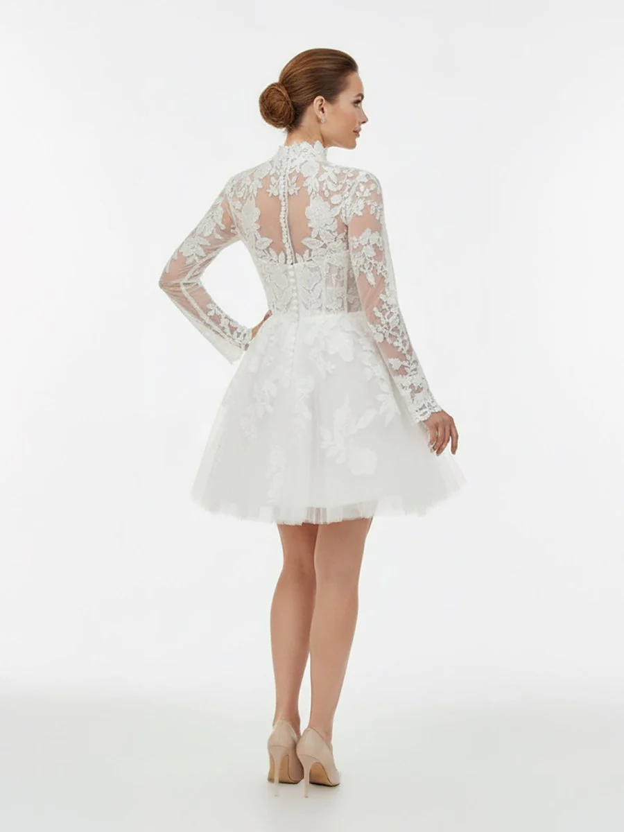 Short White A-Line Illusion Neck Long Sleeves Lace Wedding Dresses