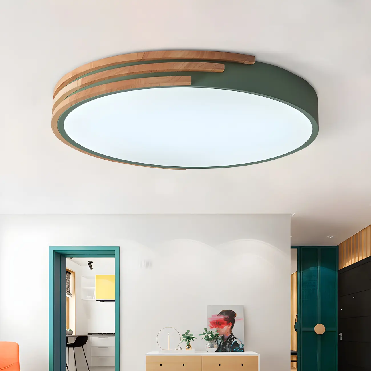 Modern Wood Round Flush Mount White LED Ceiling Light