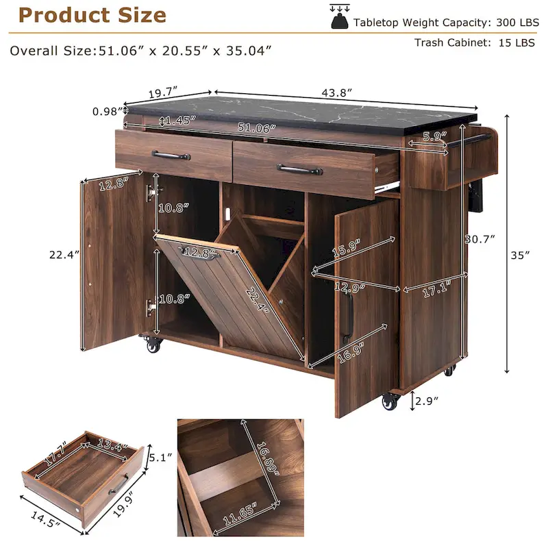 51 in. W Rolling Kitchen Island Cart with Drop Leaf and Tilt-out Trash Can