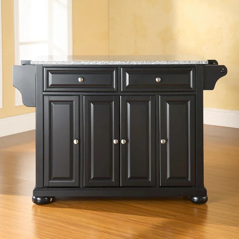 Black Stationary Kitchen Island with Granite Top, 1-Person