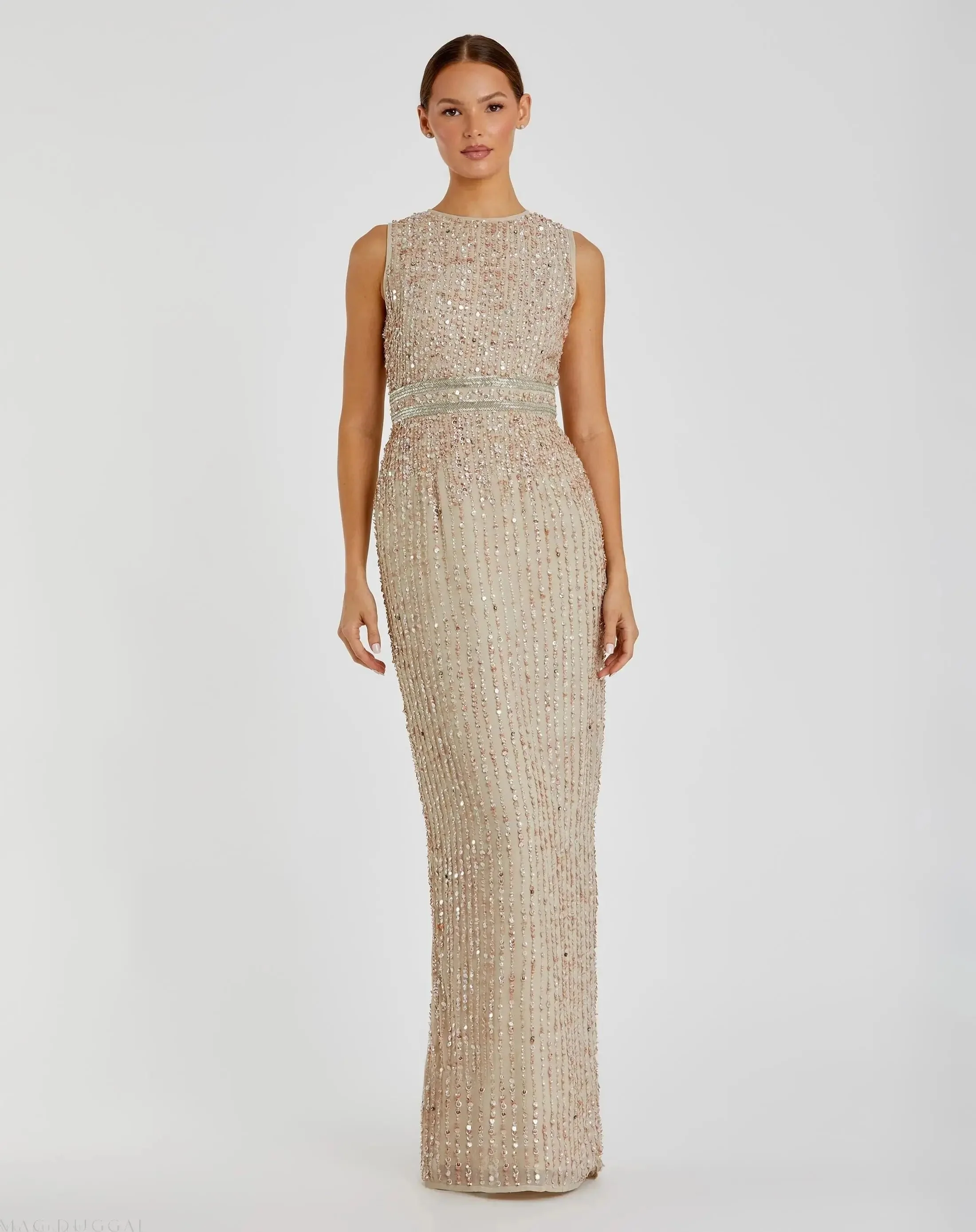 Sequined High Neck Sleeveless Column Gown