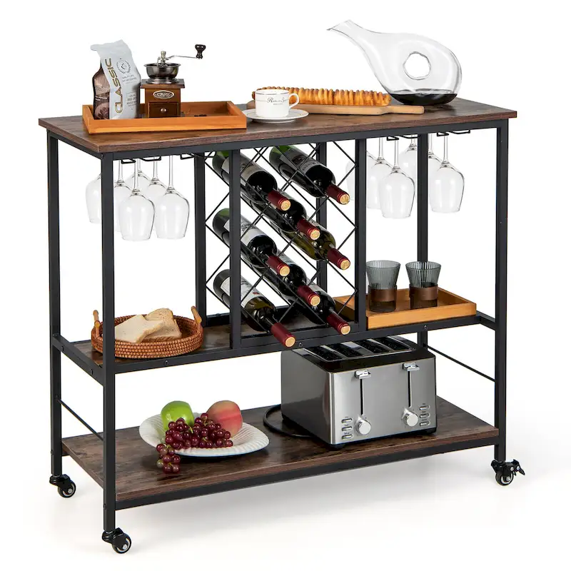 Gymax Industrial Liquor Bar Cart Rolling Kitchen Serving Cart w/ Wine