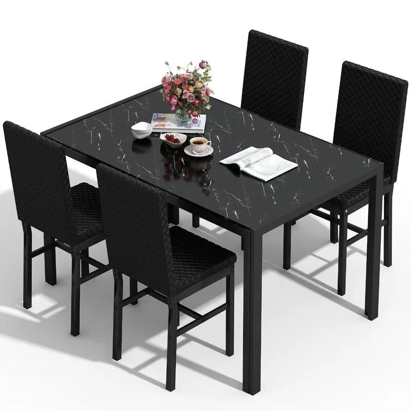 Grondin Modern Style 5-Piece Dining Room Table Set with Tempered Glass Tabletop and 4 Diamond Stitching PU Leather Dining Chairs