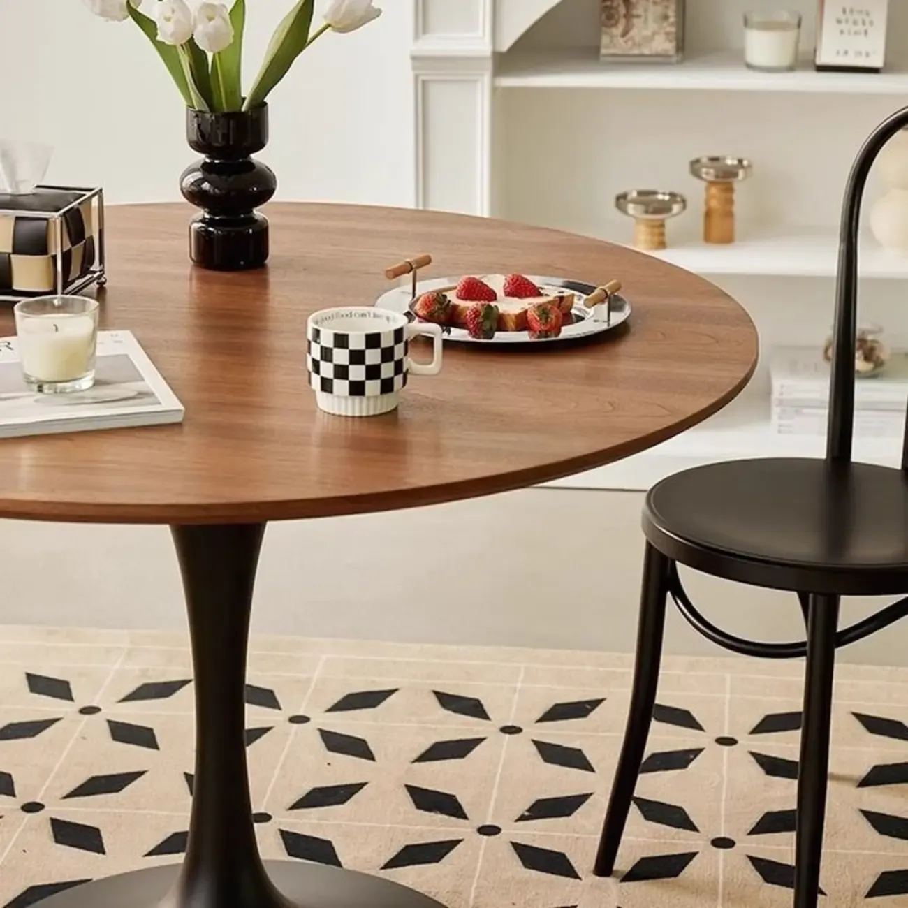 Casual Black Metal Wood Round Dining Table