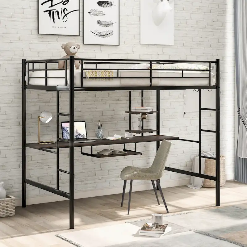 Black Full Size Metal Loft Bed with Desk and Shelf, Space-Saving Design