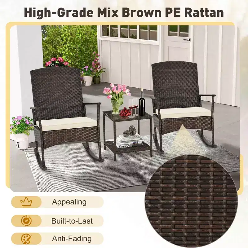 Costway 3 Piece Patio Rocking Set Wicker Rocking Chairs with 2-Tier Coffee Table Turquoise/Off White/Black
